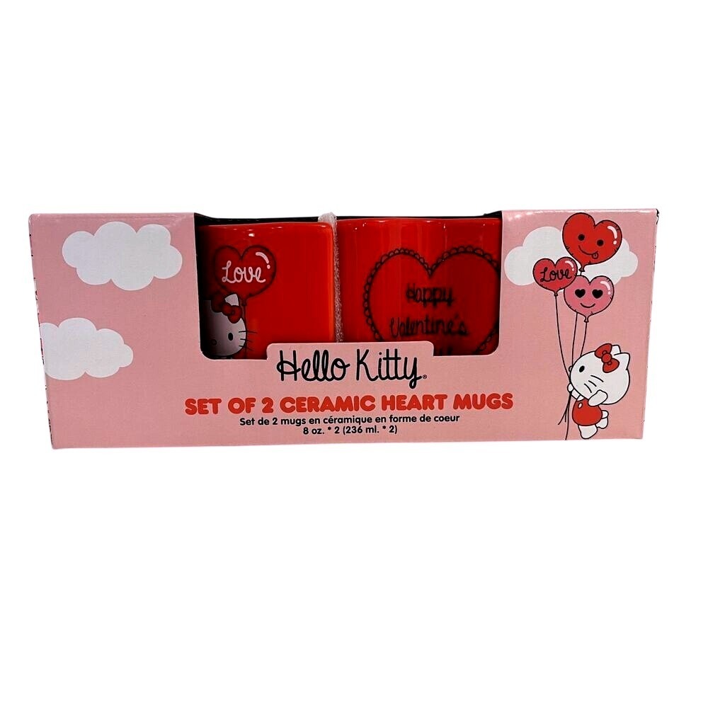 HELLO KITTY Valentines Heart Mugs Set of Two, Red Gift‎ Set HK Lovers NIB